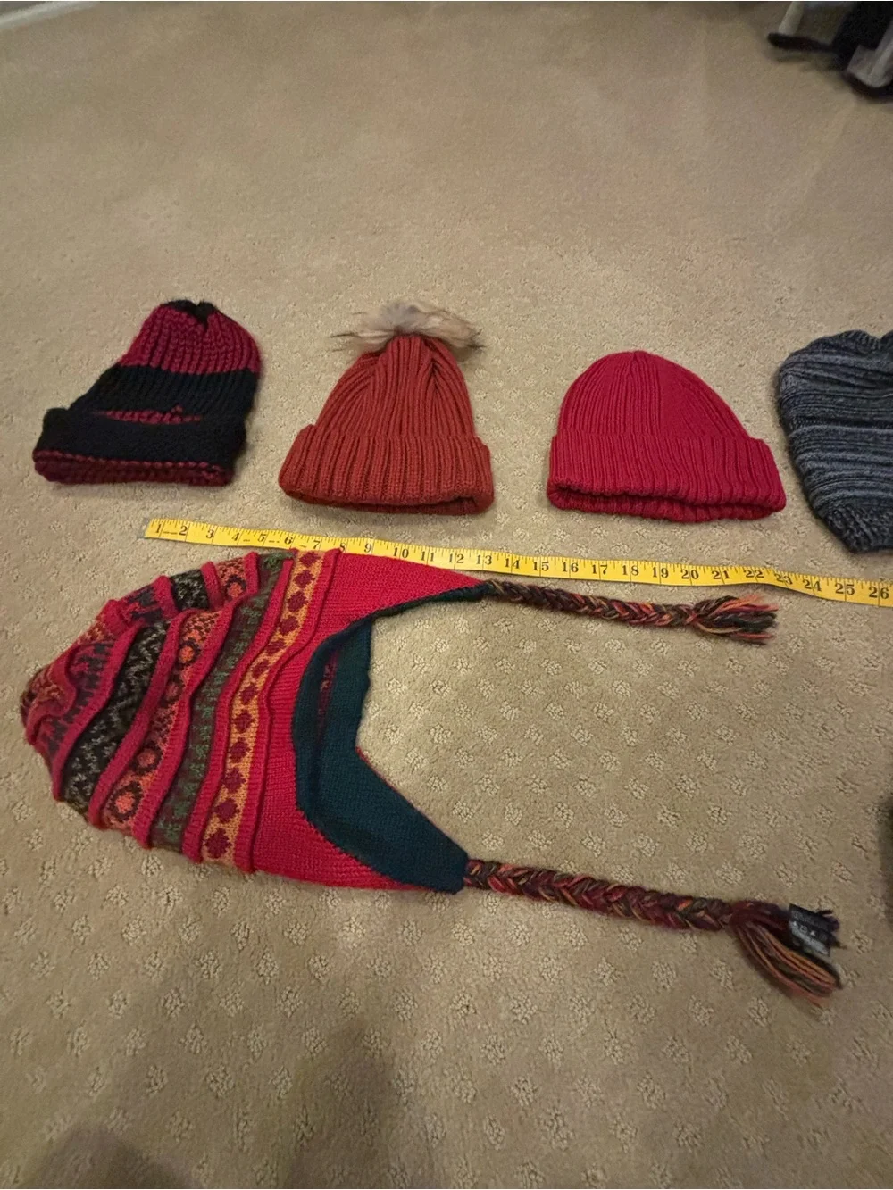 Lot of 7 Knit Beanies and Earflap Hat - Red, Gray, Black, Orange